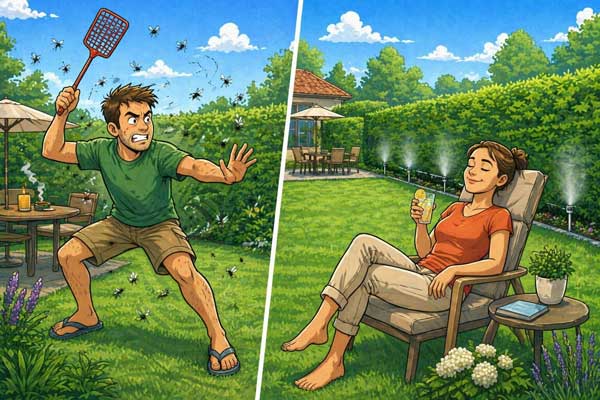 Confronto tra un giardino infestato da zanzare e uno protetto da un sistema di disinfestazione zanzare Mistaway