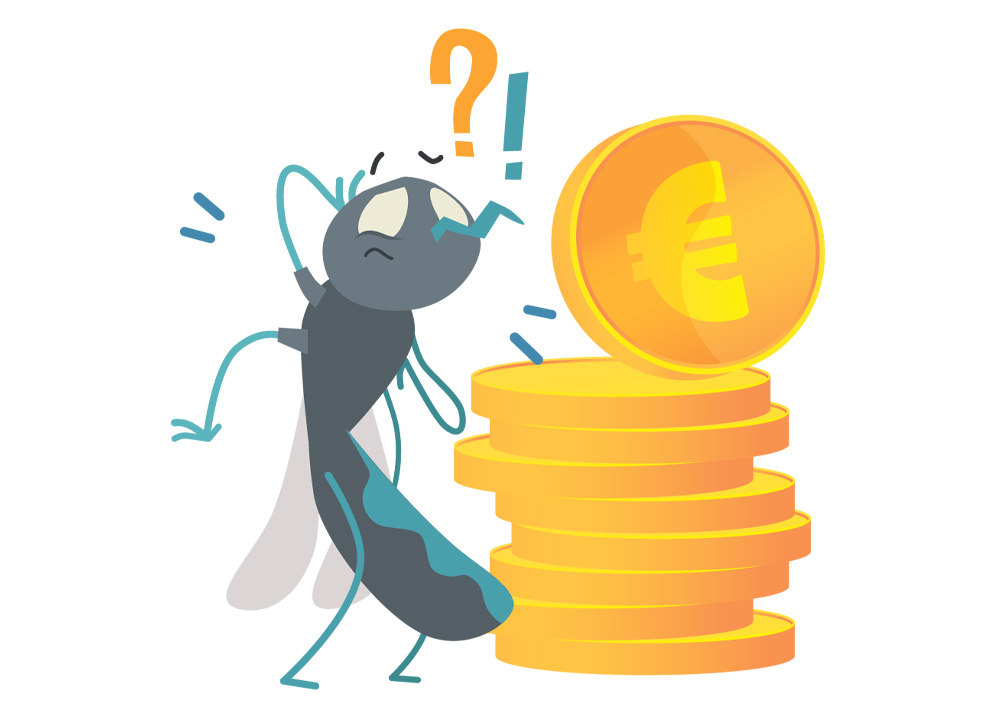 Illustrazione vettoriale di una zanzara confusa accanto a una pila di monete d'euro che rappresenta la valutazione dei costi dei rimedi antizanzare